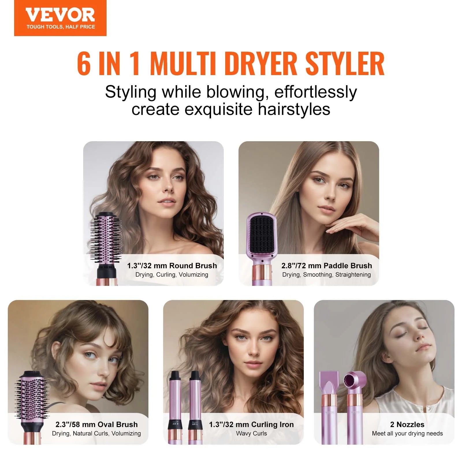 VEVOR Hair Dryer Brush?6-In-1 Multi Hair Styler?For Volumizing Styling Curling